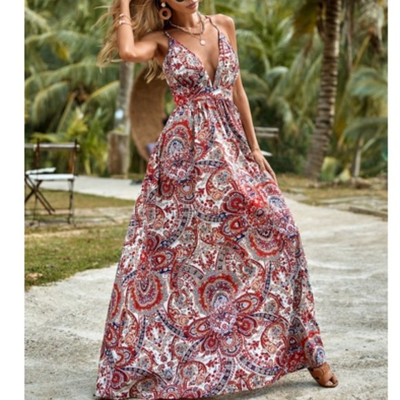 Multicolor Boho Womens Paisley Print Criss Cross Backless Cami Dress - Picture 1 of 7